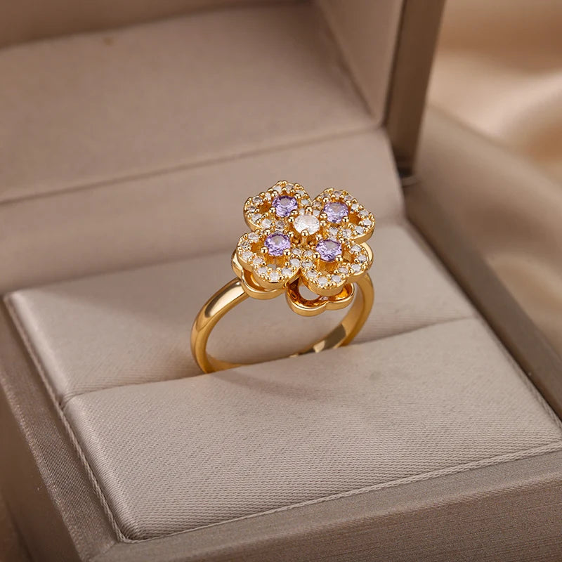 Bague Rotative Trèfle & Cœur en Zircon – Anti-Stress
