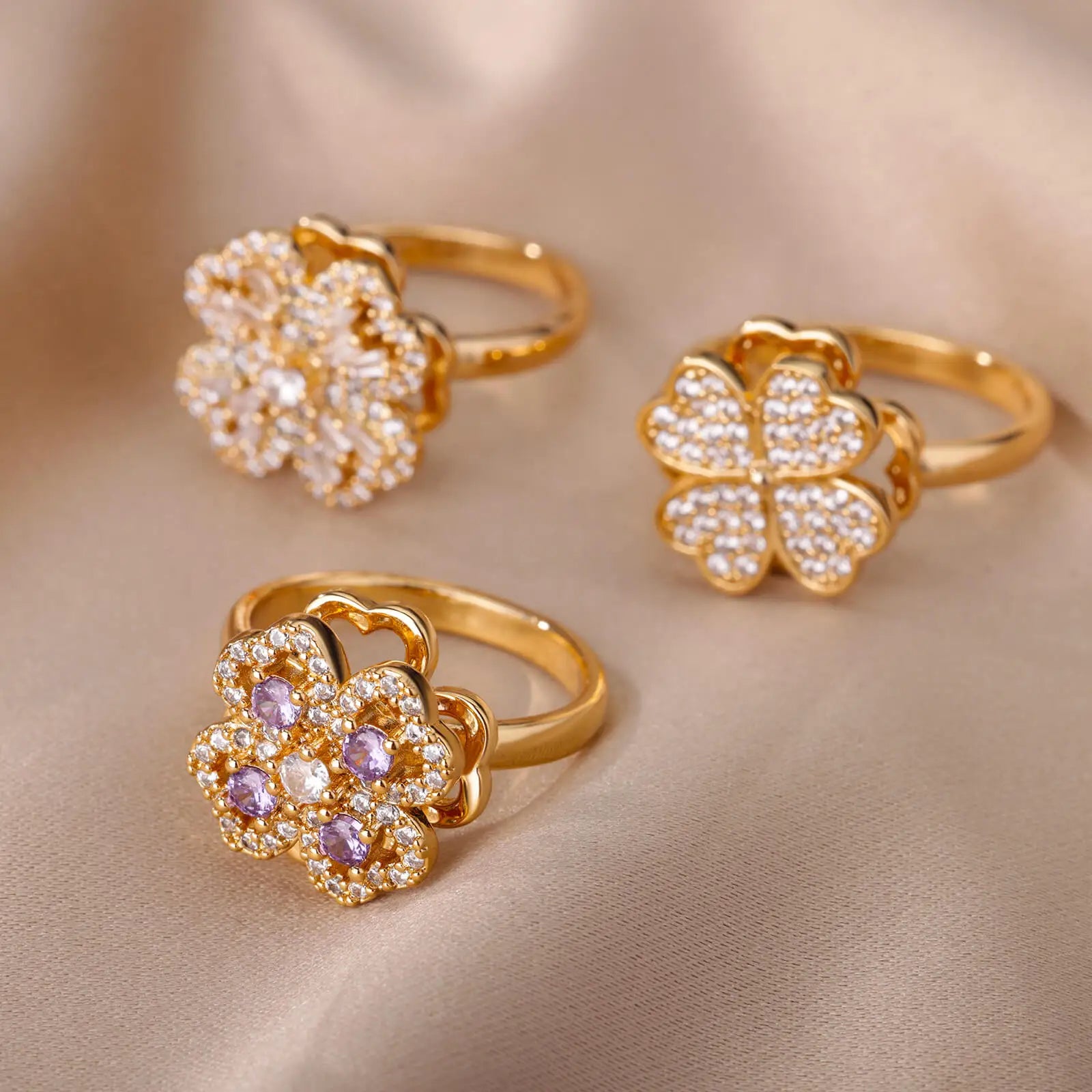 Bague Rotative Trèfle & Cœur en Zircon – Anti-Stress